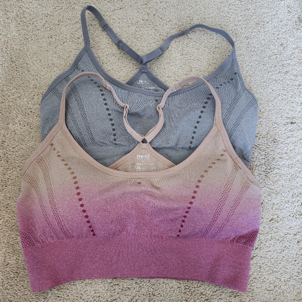 2 Large Seamless ProFit Sports Bras, Grey and Ombre Pink/Beige